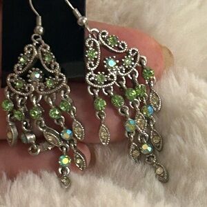 Elegant “ana” Brand Silver and Green Crystal Chandelier Earrings
